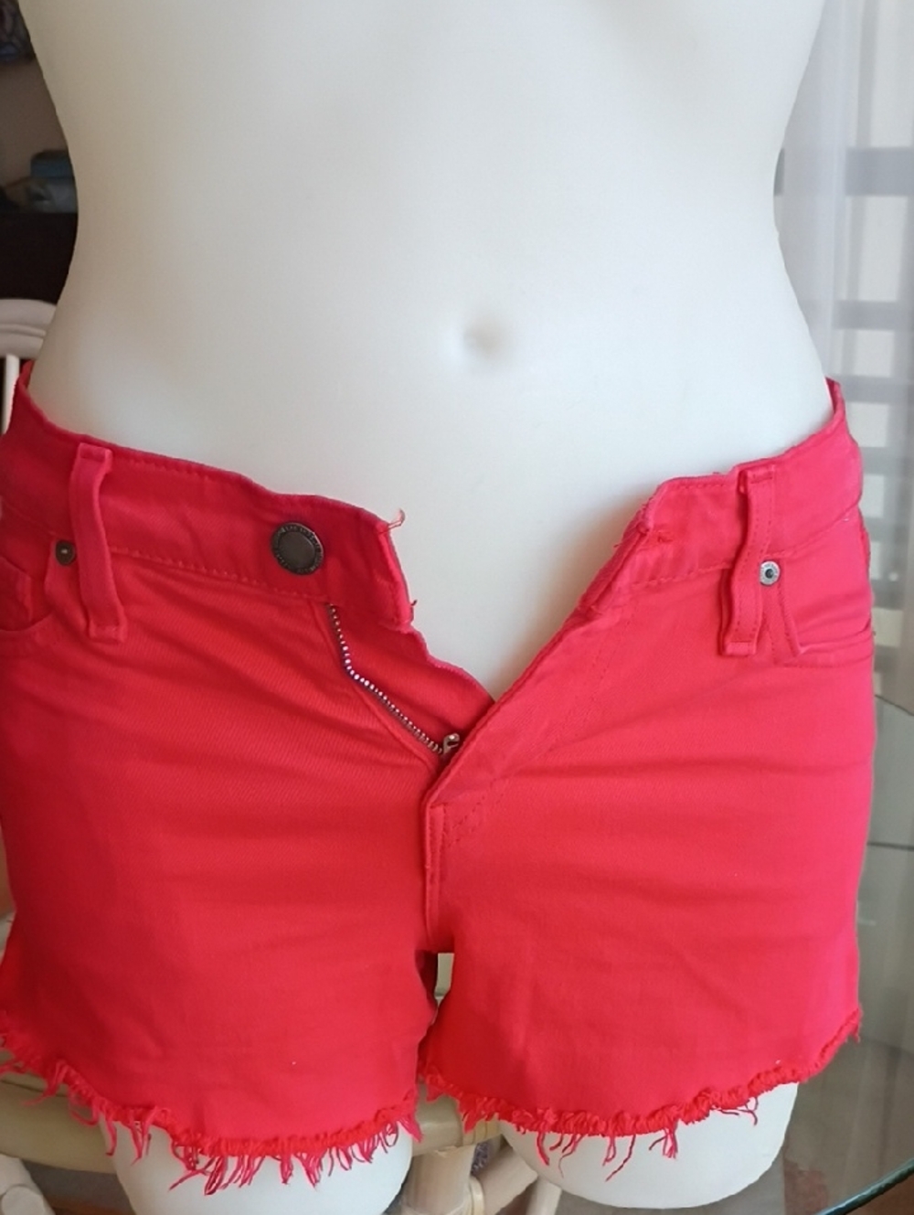 Hudson Jeans Coral Red Frayed Hem Denim Shorts